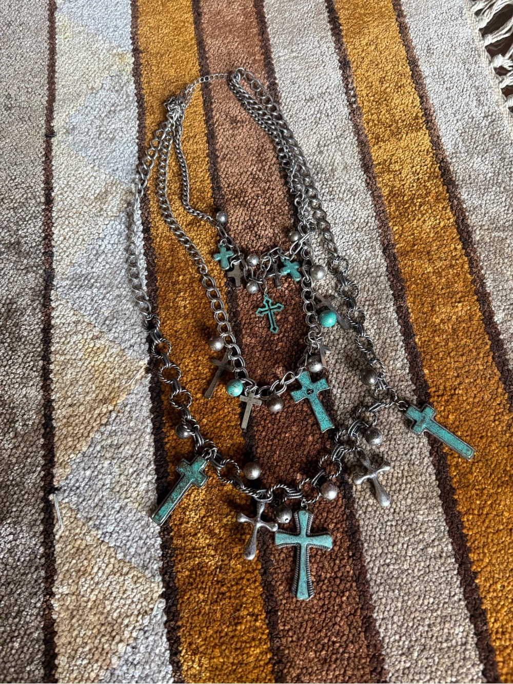 Layered Turquoise Cross Charm Necklace - Women's Jewelry